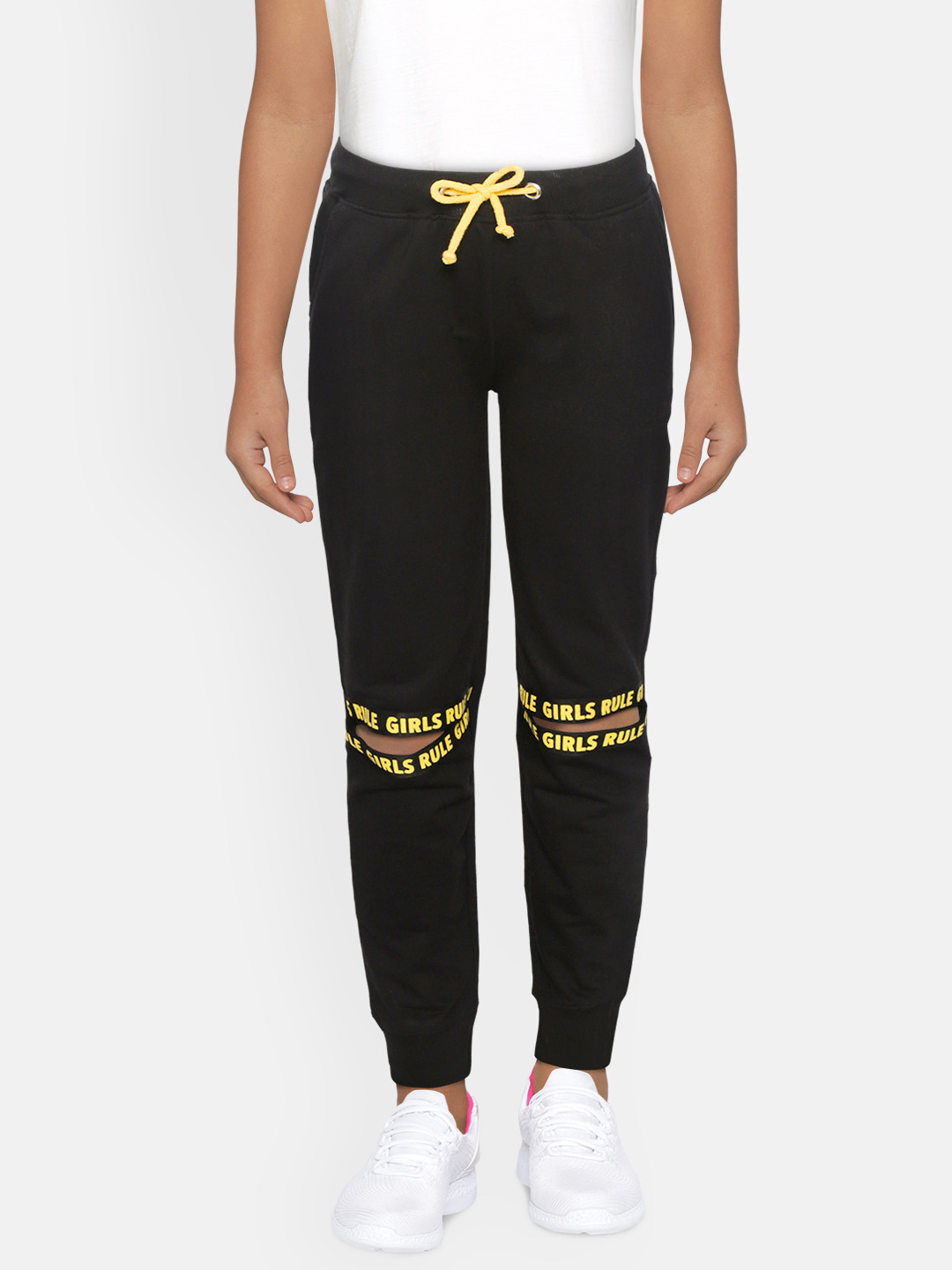 Buy YK Girls Black Pure Cotton Solid Slash Knee Joggers With Printed