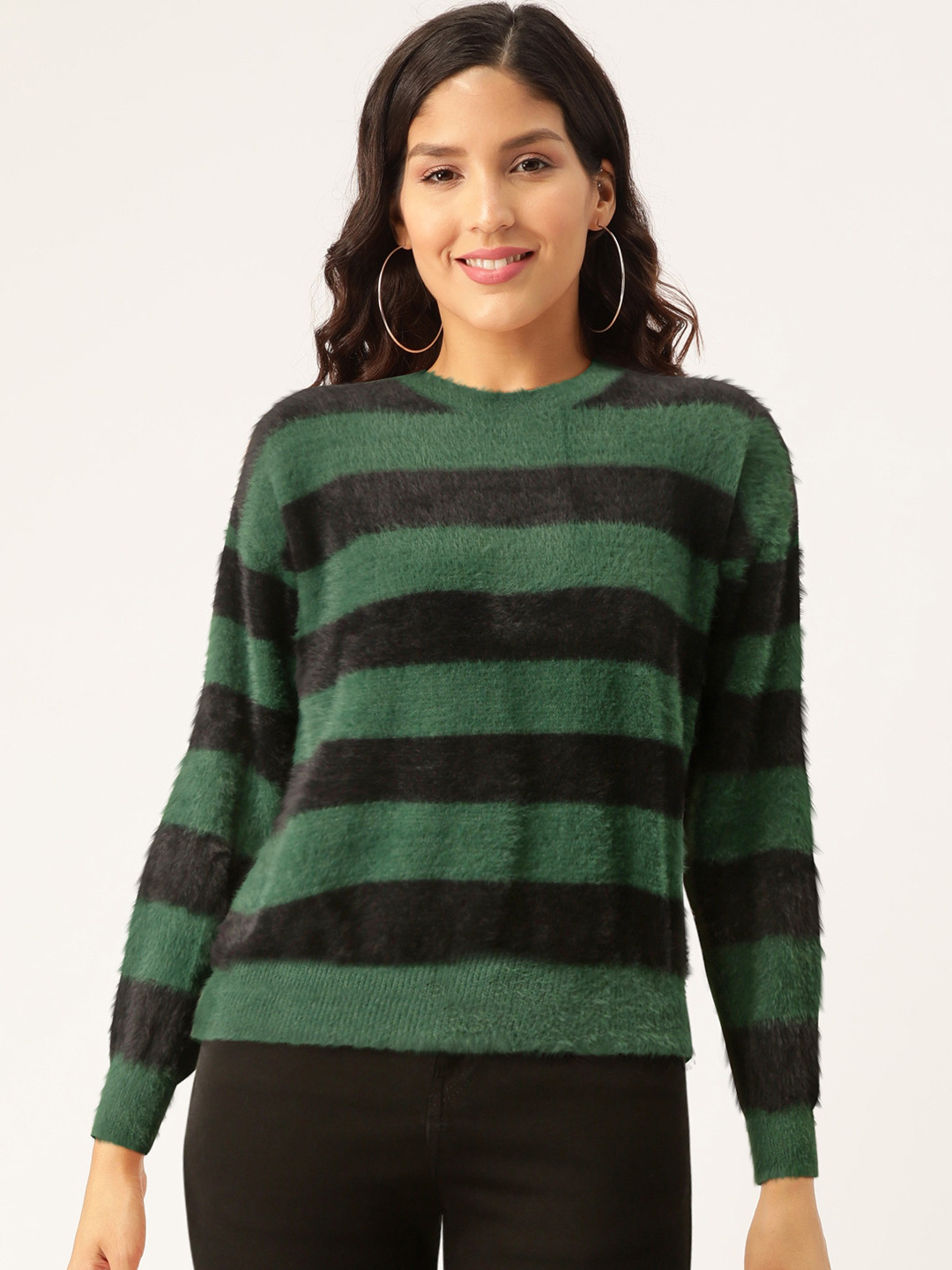 Buy Madame Women Green & Black Fuzzy Striped Pullover Sweaters for Women 12273552 Myntra
