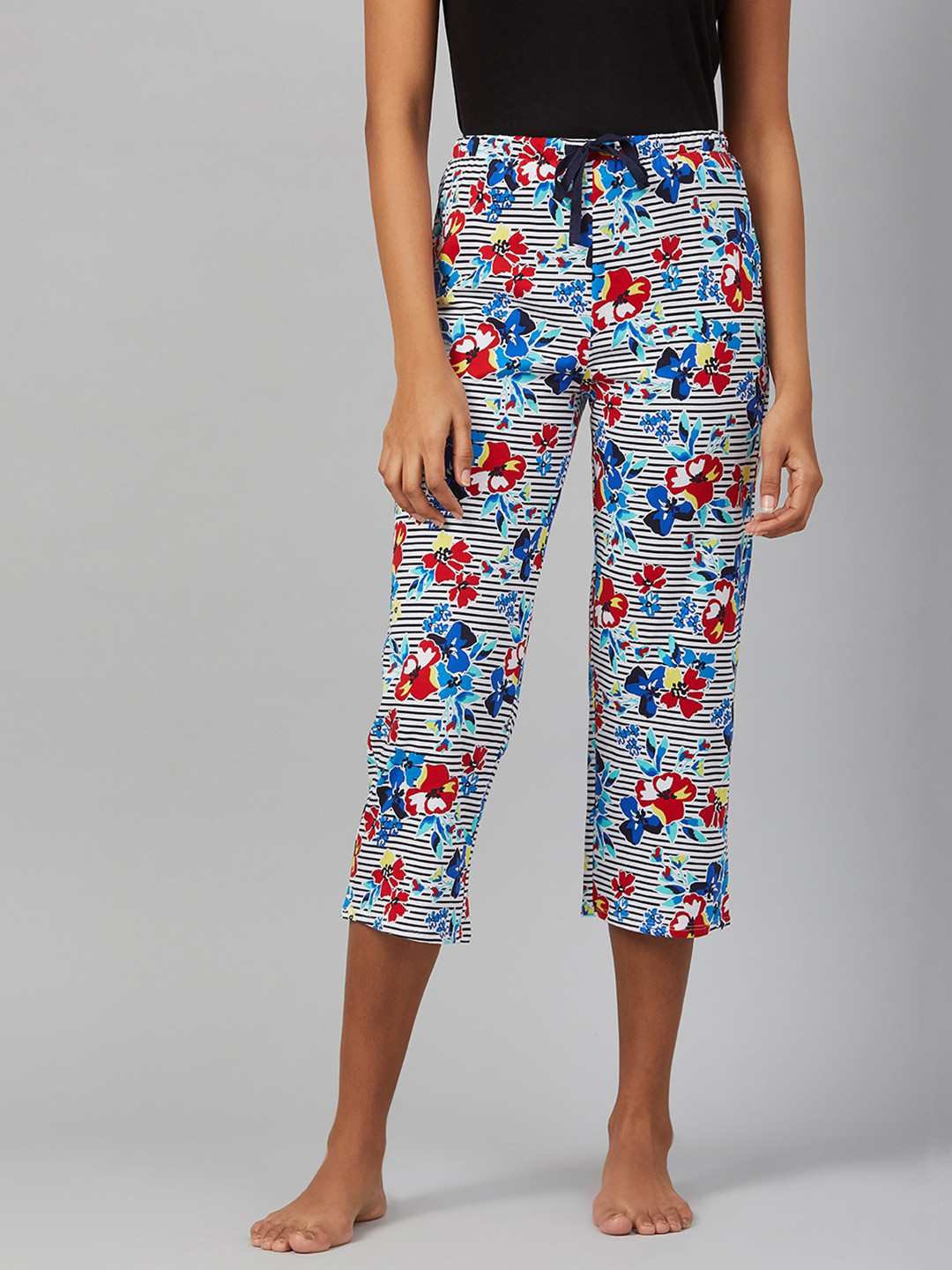 Buy Marks & Spencer Women White & Blue Striped With Floral Printed Lounge Capris - Lounge Pants 