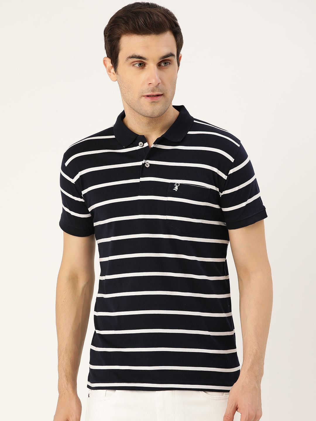 Buy PORTBLAIR Men Navy Blue & White Striped Polo Collar T Shirt ...