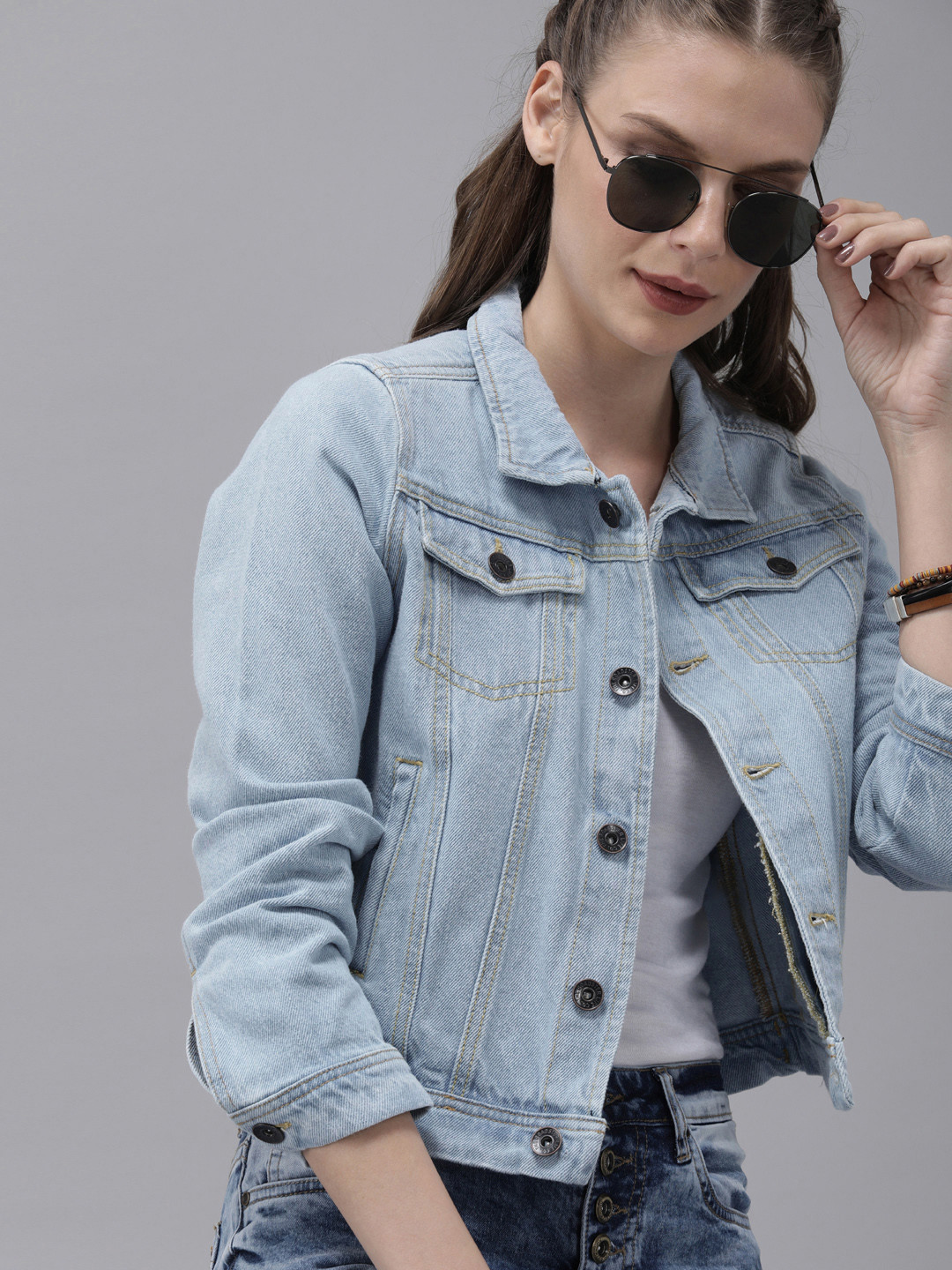 Buy Roadster Women Blue Washed Cropped Denim Trucker Jacket Jackets