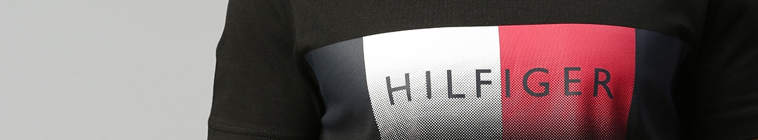Buy Tommy Hilfiger Men Black Brand Logo Printed Round Neck Pure Cotton ...