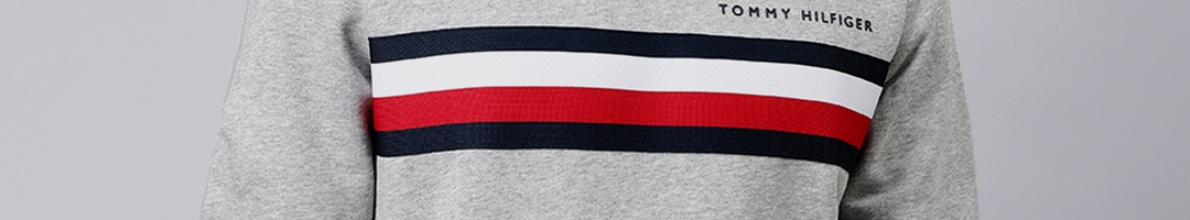 Buy Tommy Hilfiger Men Grey & Red Striped Pullover Sweatshirt ...