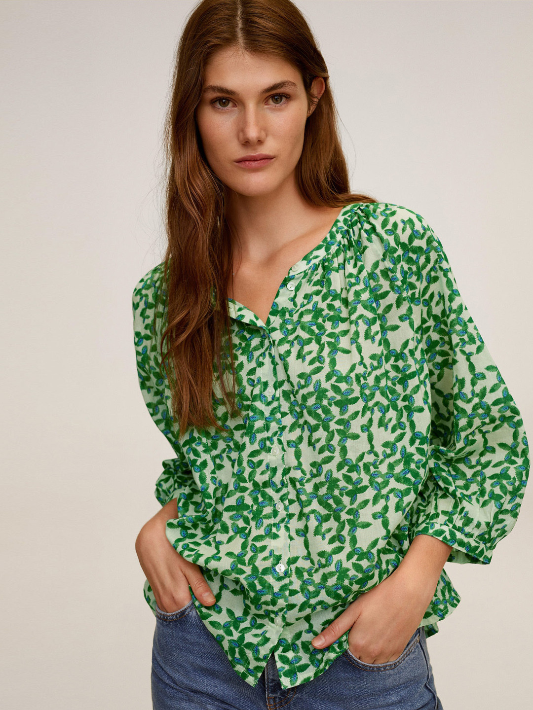 Buy MANGO Women Green & Blue Printed Shirt Style Pure Cotton Top Tops for Women 12300222 Myntra