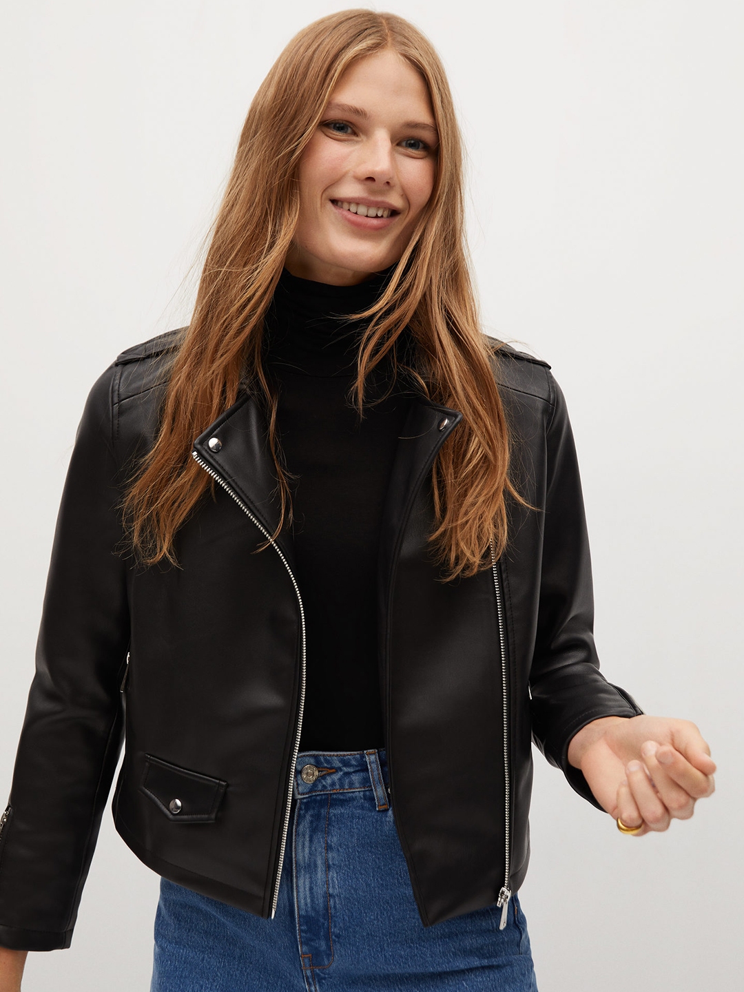 Buy MANGO Women Black Solid Leather Jacket - Jackets for Women 12300534 ...