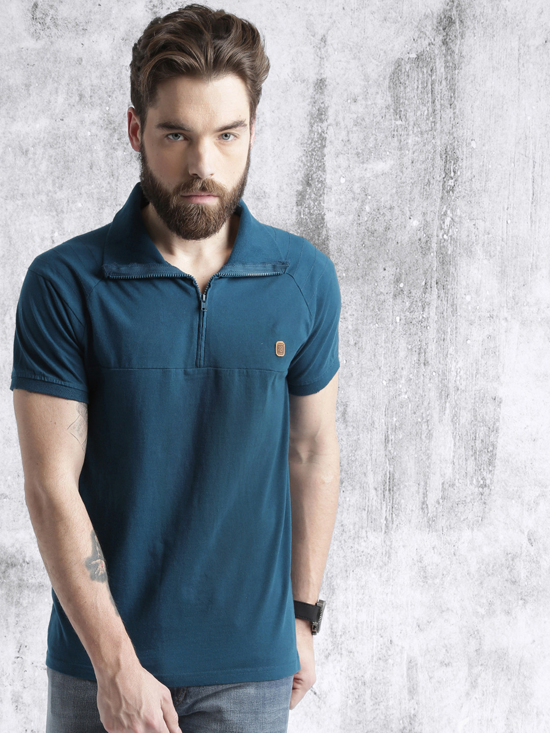 Buy RDSTR Men Teal Blue Solid Mock Collar Pure Cotton T Shirt - Tshirts ...