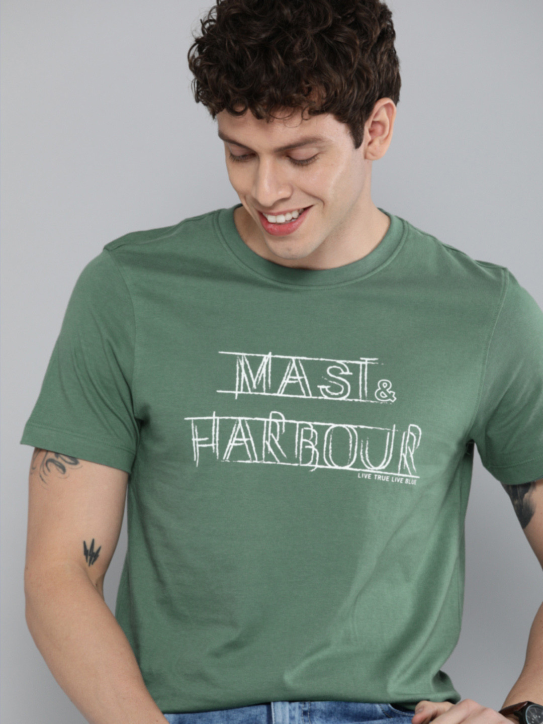Buy Mast Harbour Men Green Printed Round Neck Pure Cotton T Shirt