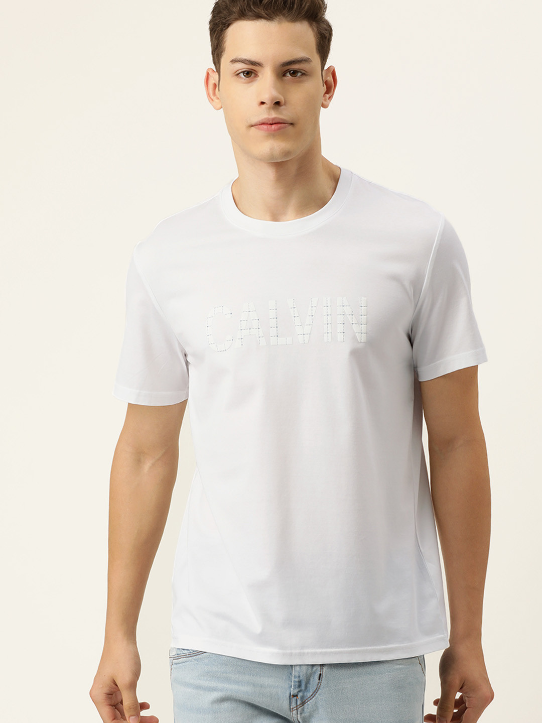 Buy Calvin Klein Jeans Men White Printed Round Neck Pure Cotton T Shirt