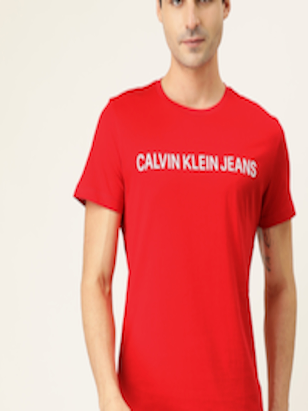 Buy Calvin Klein Jeans Men Red Printed Slim Fit Round Neck Pure Cotton ...