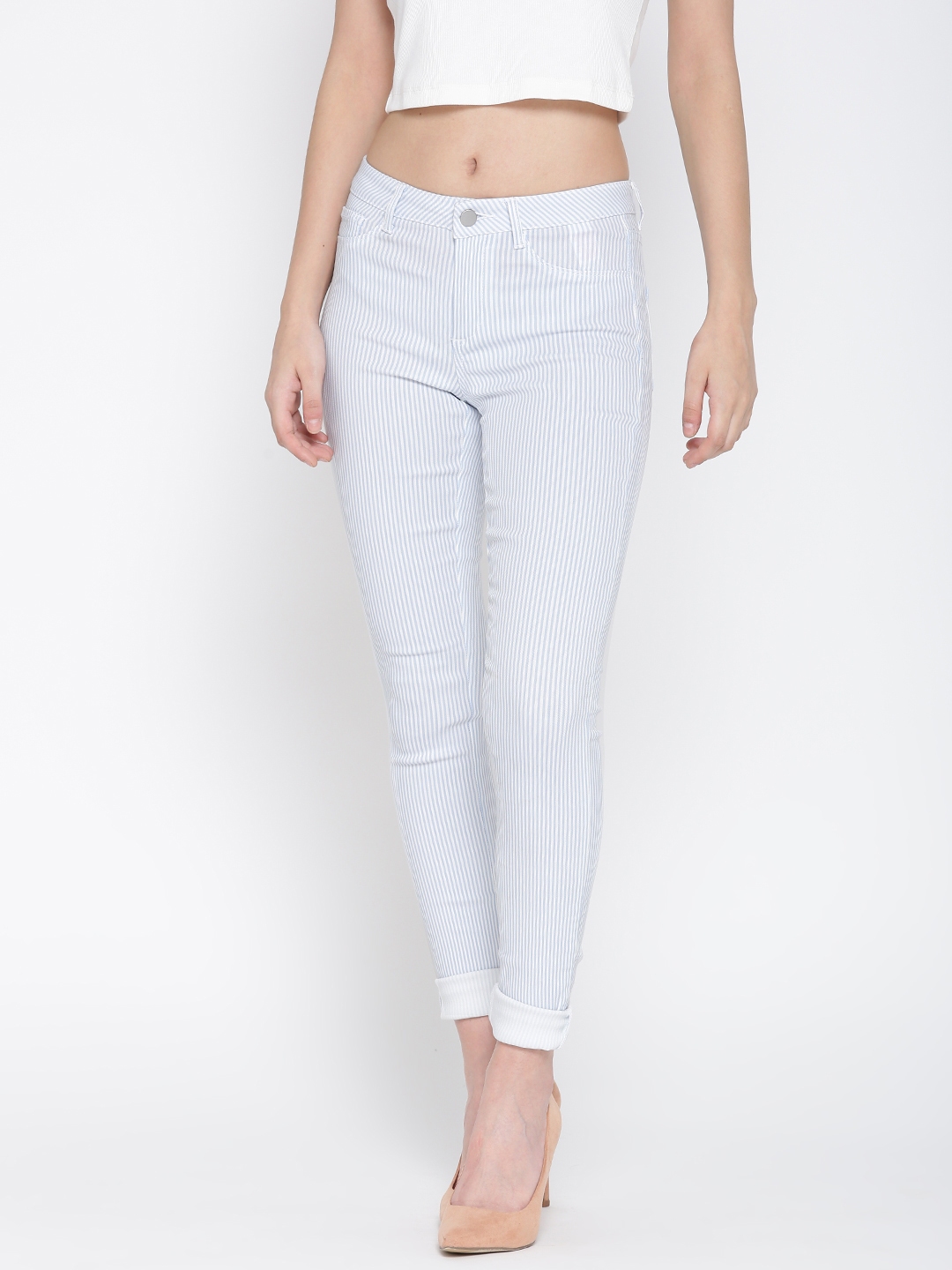 green and white striped trousers