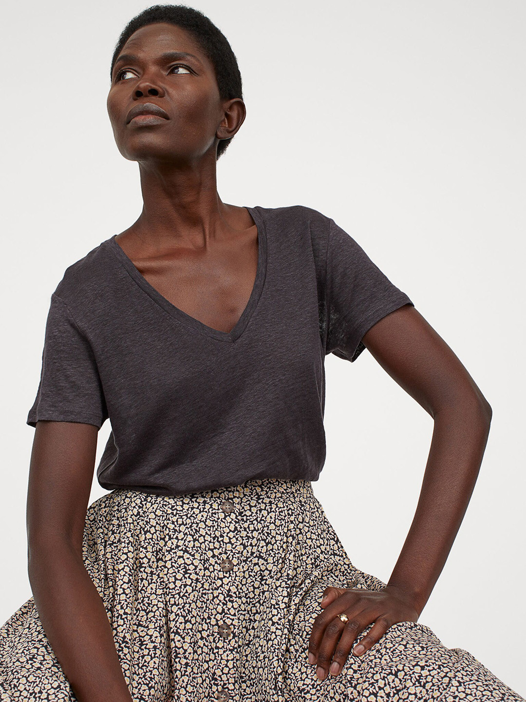 Buy H&M Women Charcoal Grey Linen T Shirt Tshirts for Women 12345588