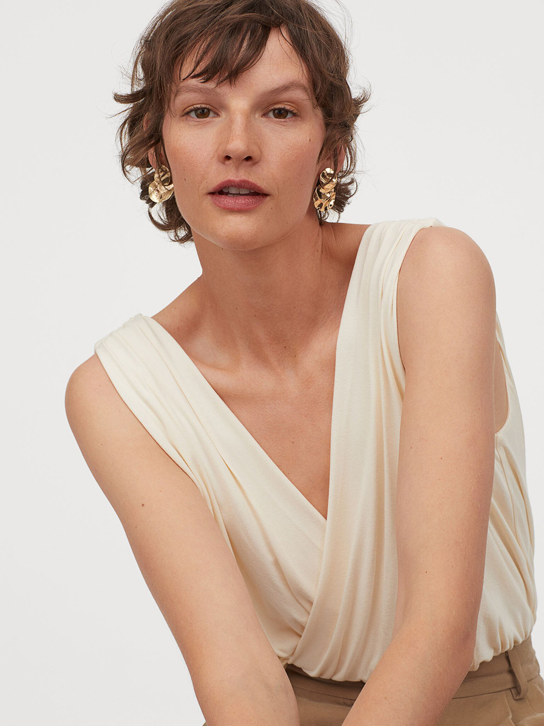 Buy H&M Women Cream Solid Draped Bodysuit Bodysuit for Women 12346328