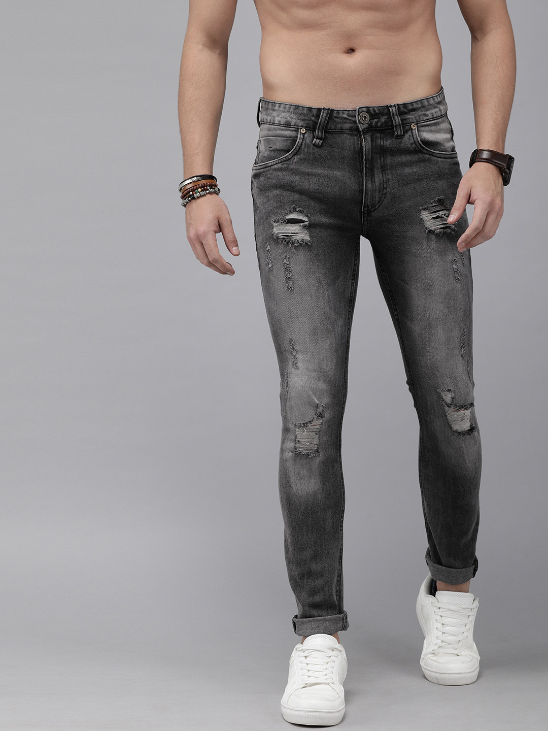Buy Roadster Men Grey Skinny Fit Mid Rise Highly Distressed Stretchable