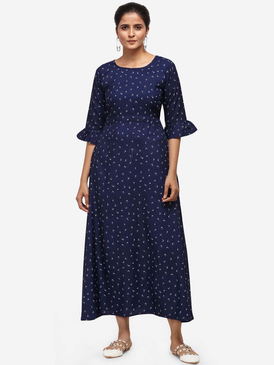 Buy Silk Bazar Women Navy Blue And White Printed Maxi Dress Dresses For Women 12360302 Myntra 7456