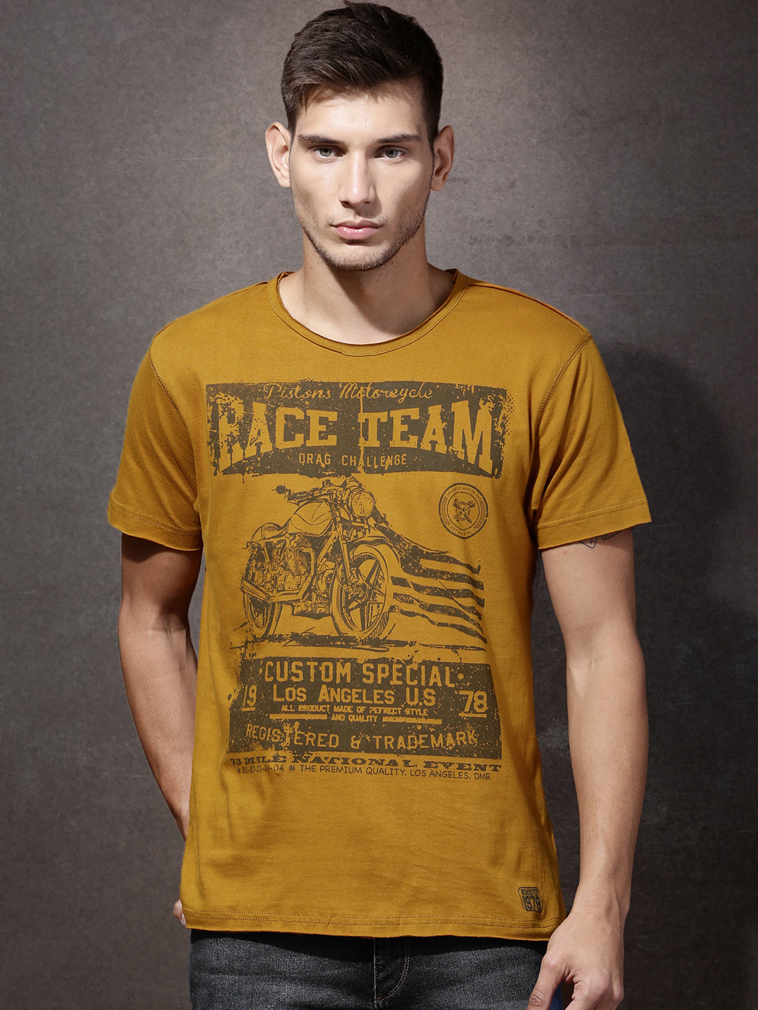 Buy Roadster Mustard Yellow Printed Pure Cotton T Shirt Tshirts for