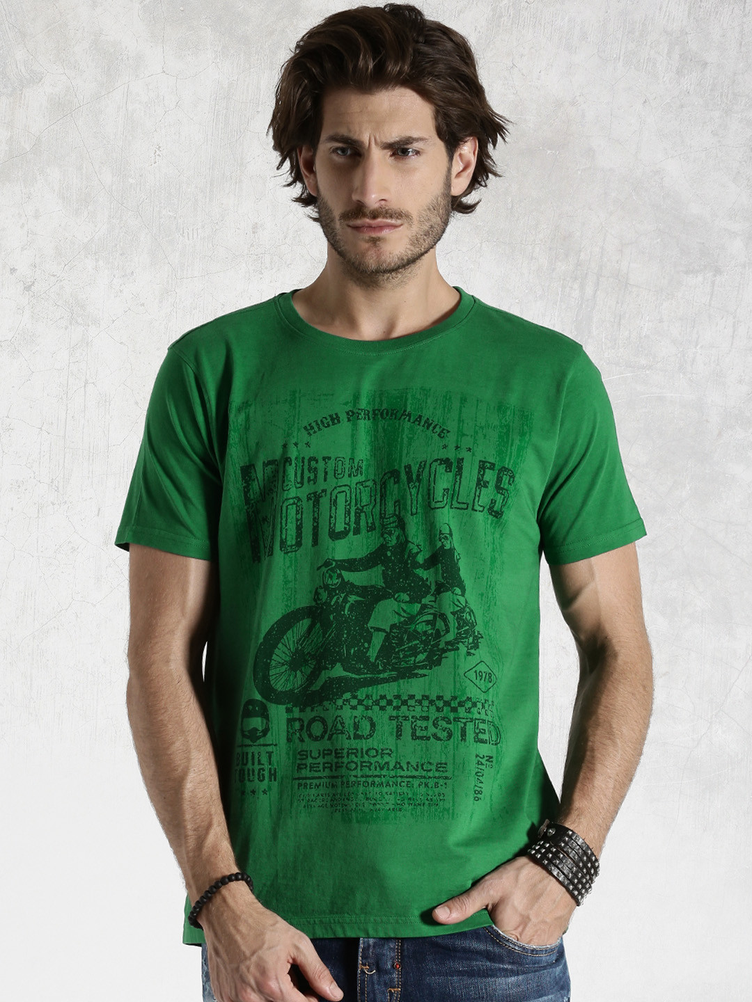 Buy Roadster Green Printed Pure Cotton T Shirt Tshirts for Men