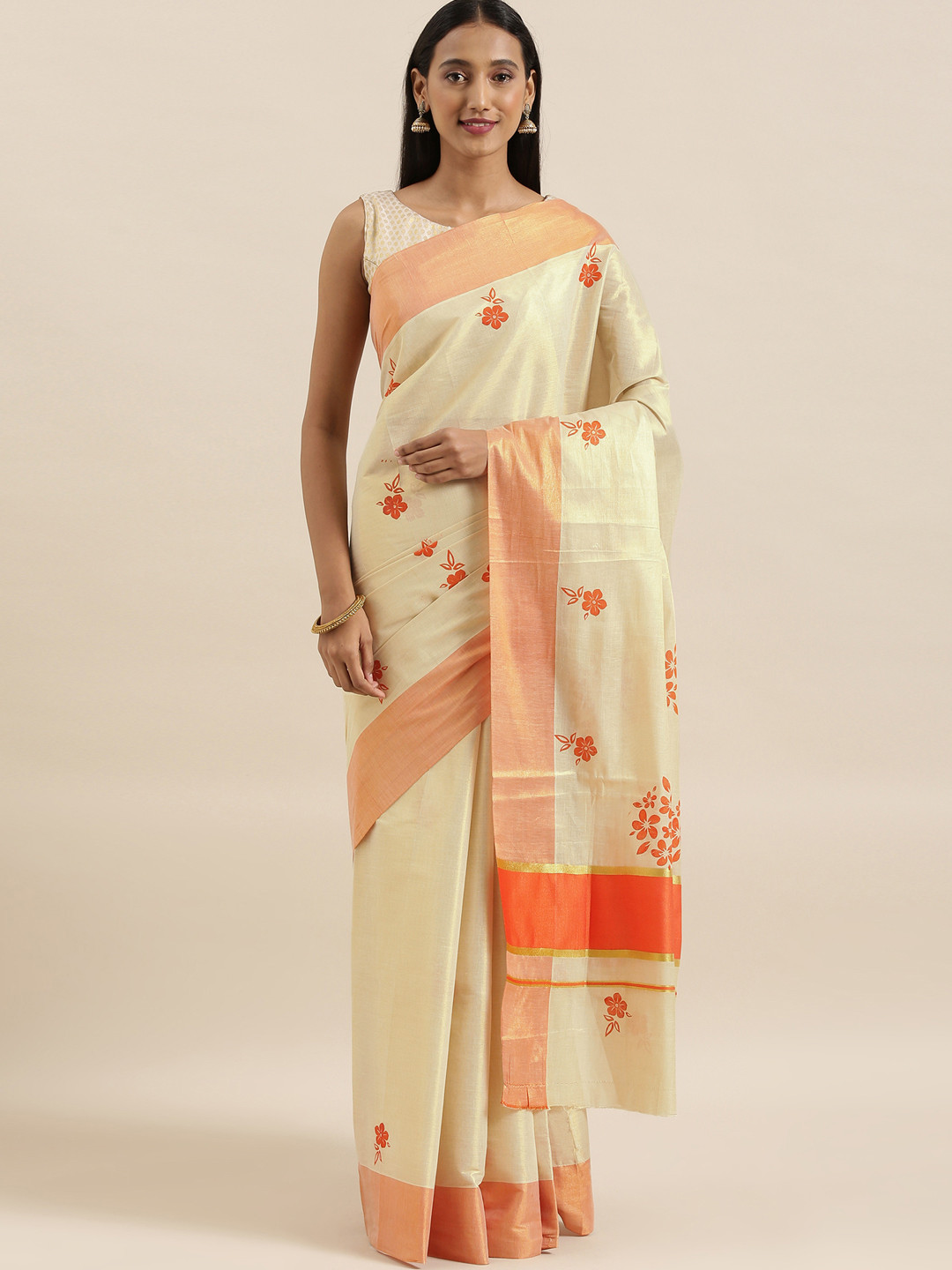 Buy The Chennai Silks Cream Coloured Pure Cotton Printed Kasavu Saree