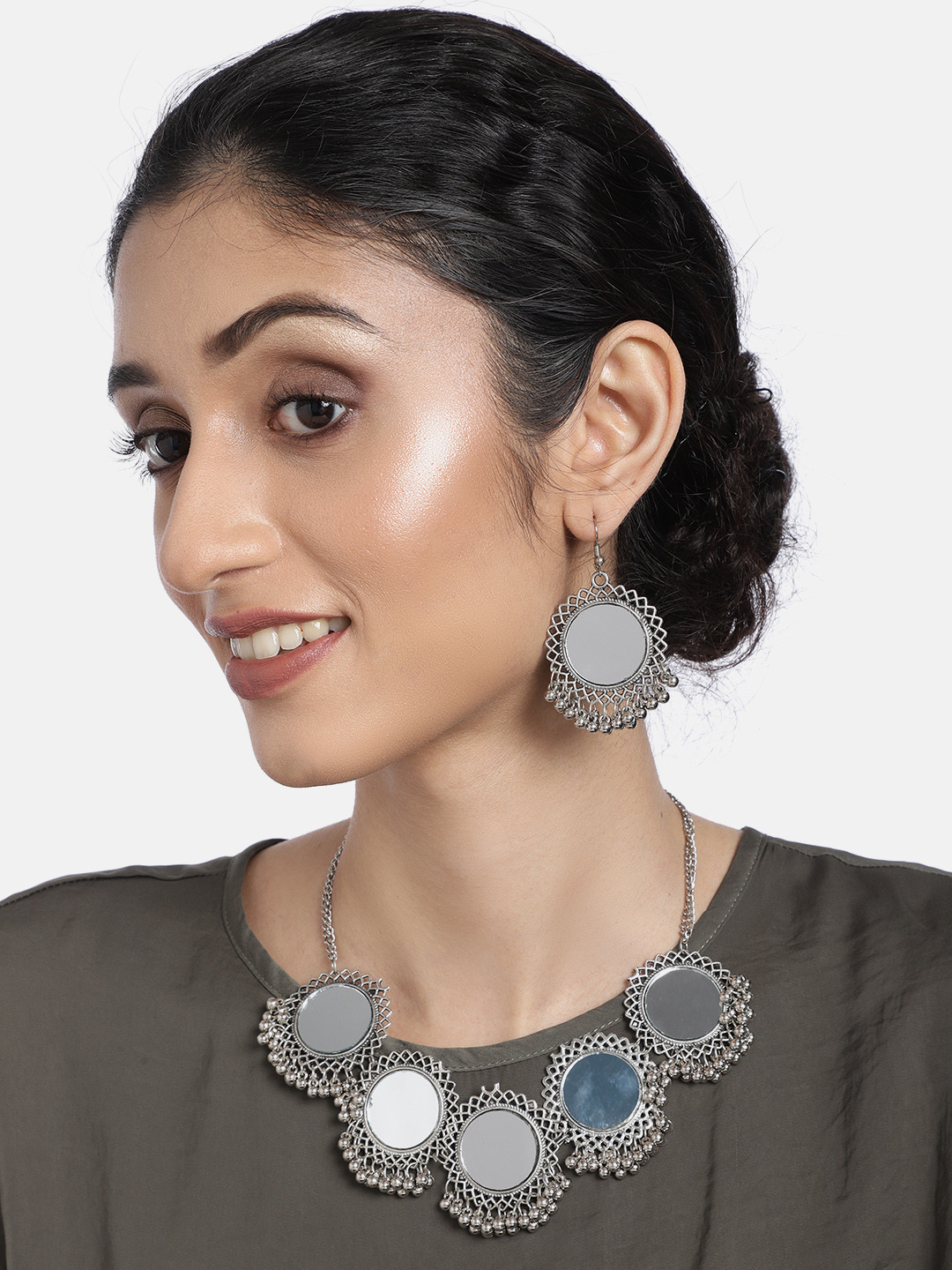 Buy Justpeachy Silver Plated Oxidised Mirror Jewellery Set Jewellery