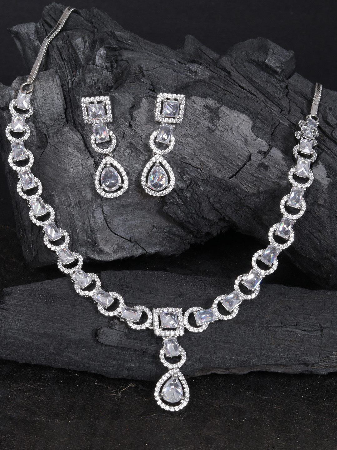 Buy Justpeachy Silver Plated Cubic Zirconia Stone Studded Jewellery Set