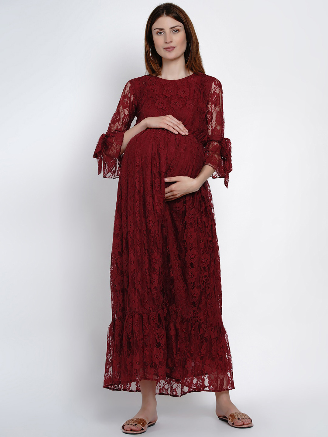 Buy Mine4Nine Women Maroon Maternity Self Design Maxi Dress Dresses