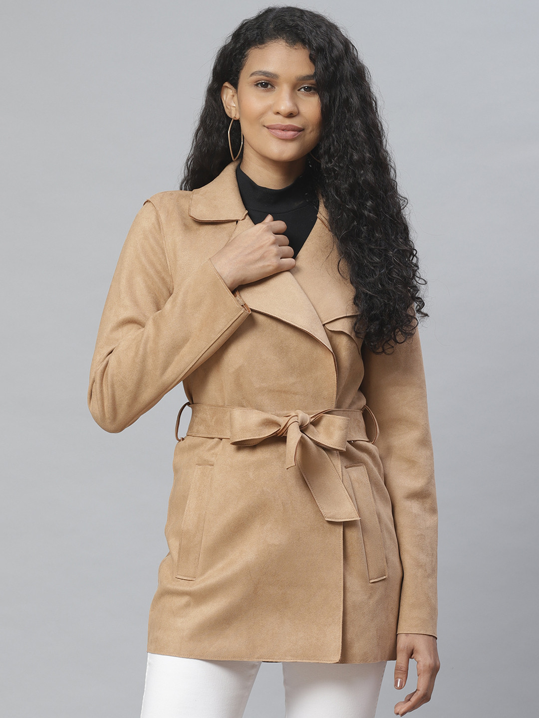 Buy Marks & Spencer Women Beige Solid Suede Finish Overcoat Coats for