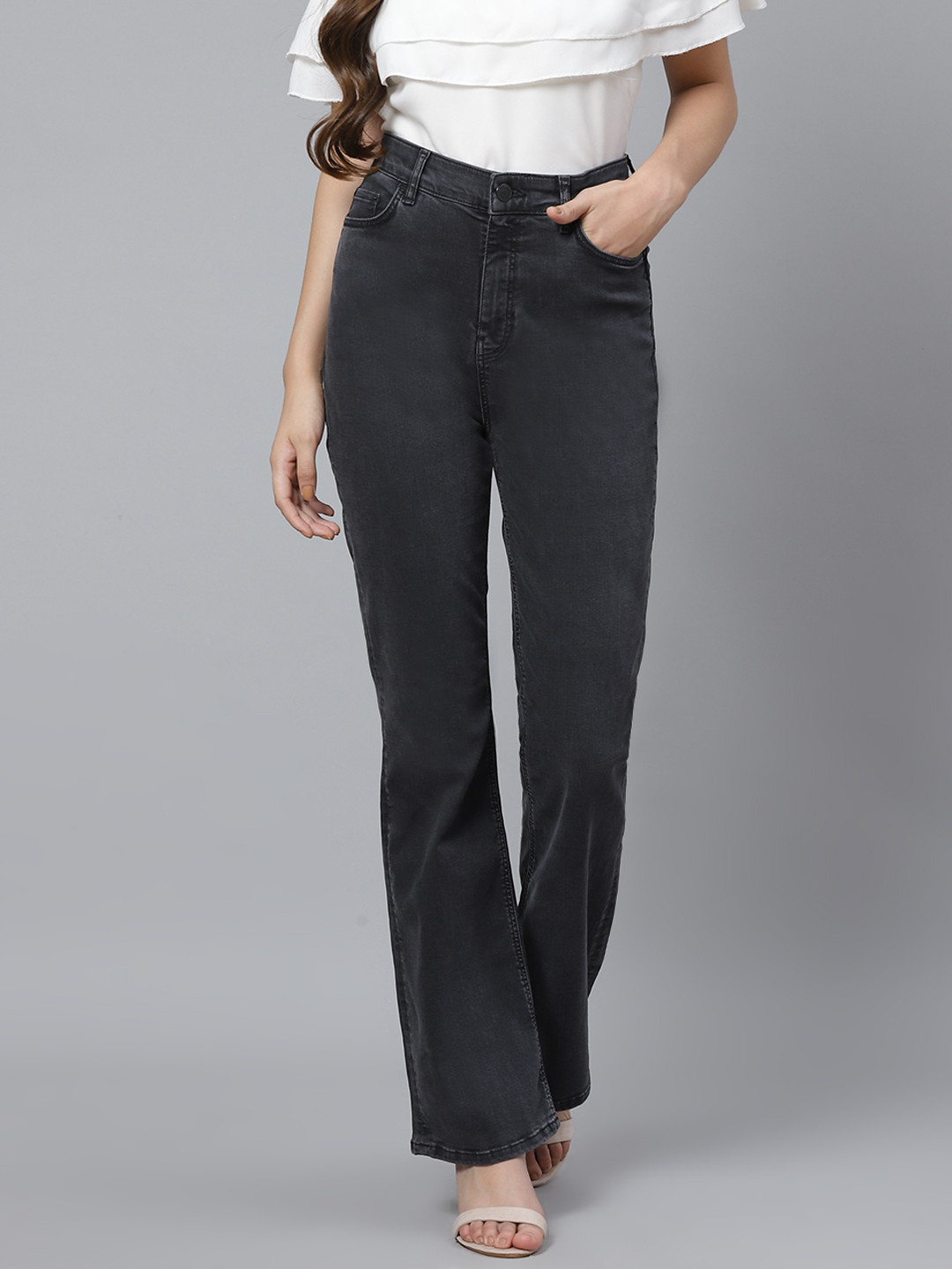Buy Marks & Spencer Women Charcoal Grey Slim Flare Fit Mid Rise Clean Look Stretchable Jeans