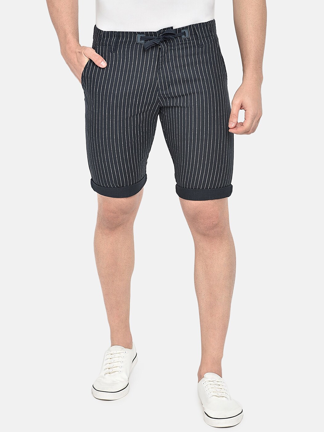 navy blue and white striped shorts