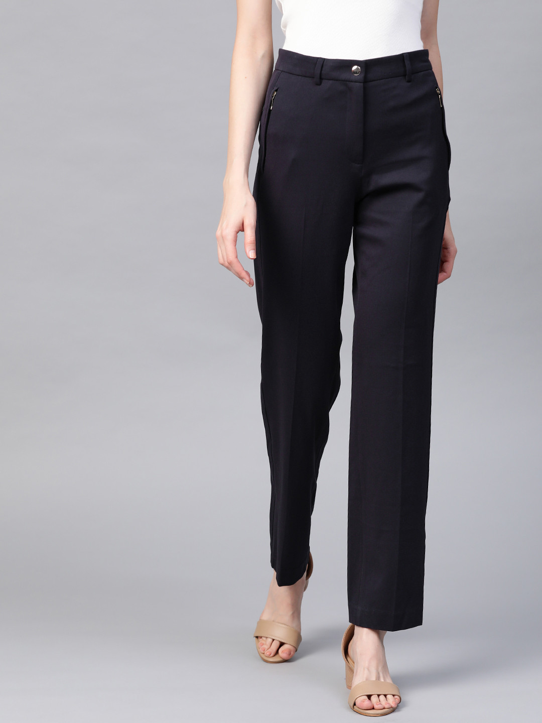 Buy Marks & Spencer Women Navy Blue Straight Fit Solid Smart Casual