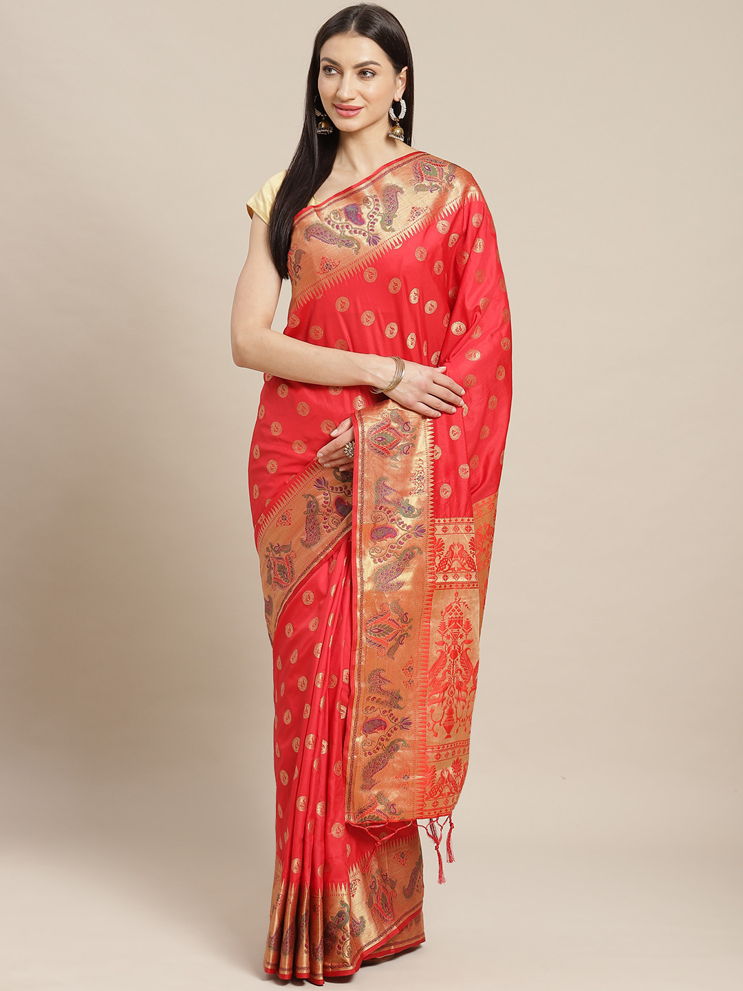 Buy Mitera Red & Golden Woven Design Paithani Saree Sarees for Women