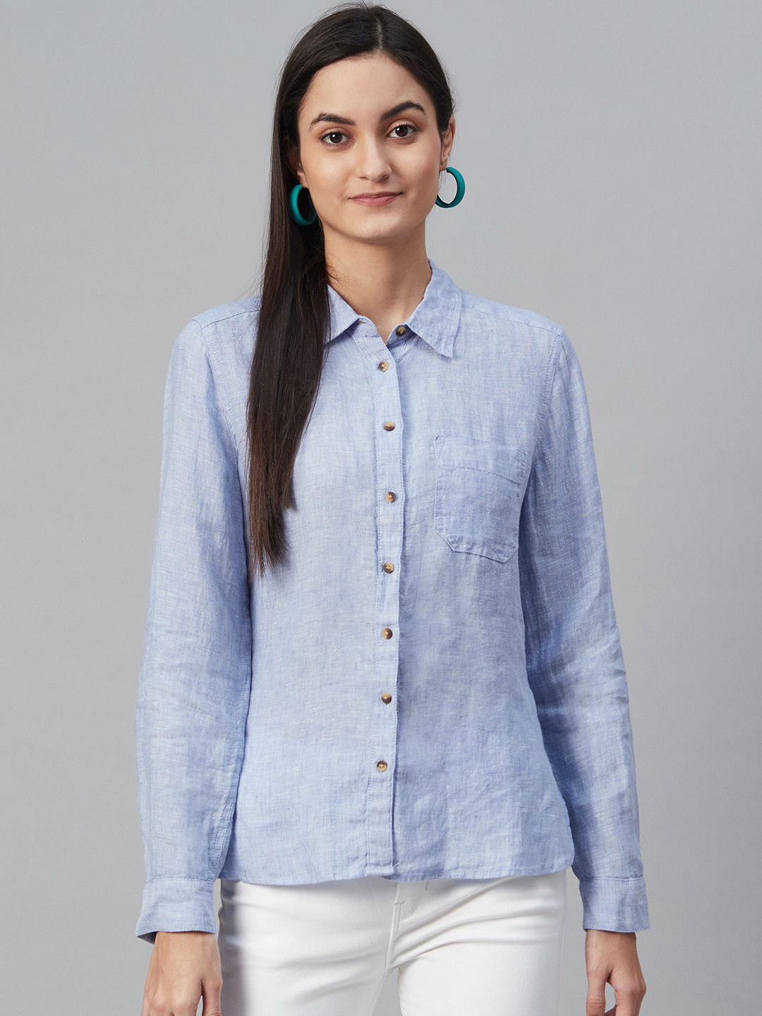 Buy Marks & Spencer Women Blue Linen Regular Fit Solid Casual Shirt