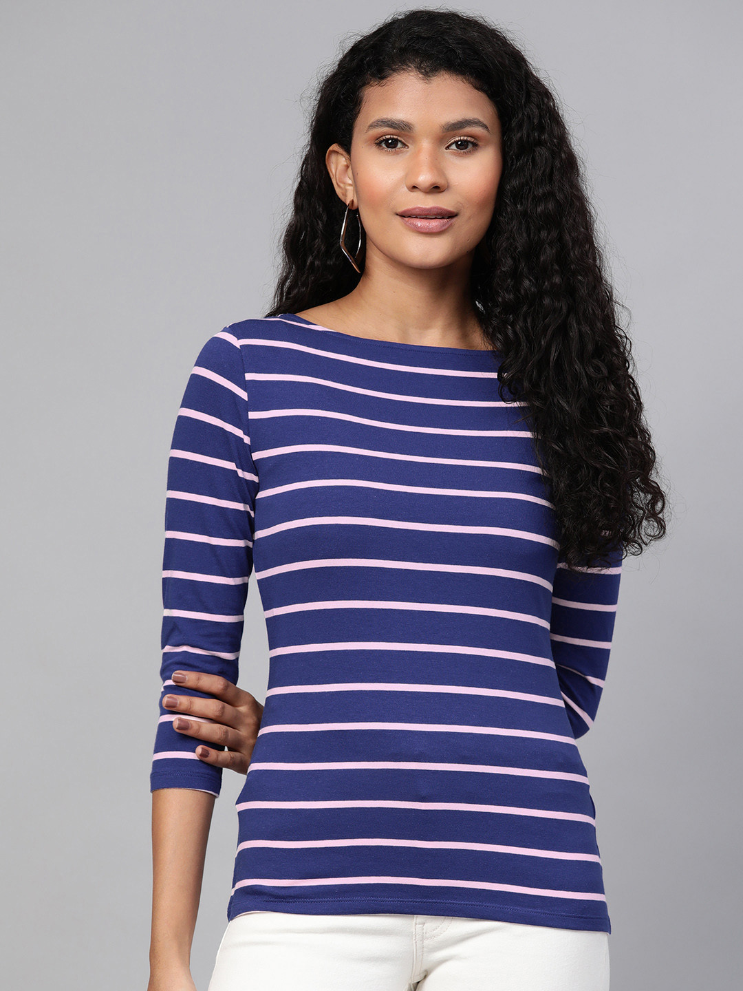 Buy Marks & Spencer Women Blue & Pink Striped Boat Neck T Shirt