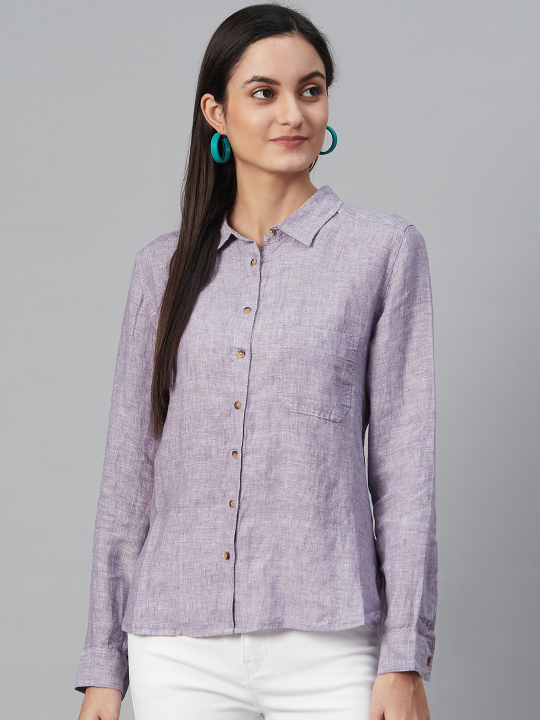 Buy Marks & Spencer Women Lavender Linen Regular Fit Solid Casual Shirt