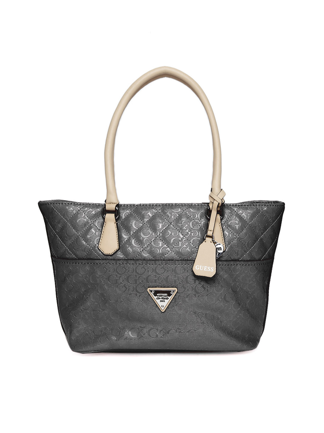 Buy GUESS Charcoal Grey Glossy Logo Print Shoulder Bag Handbags for