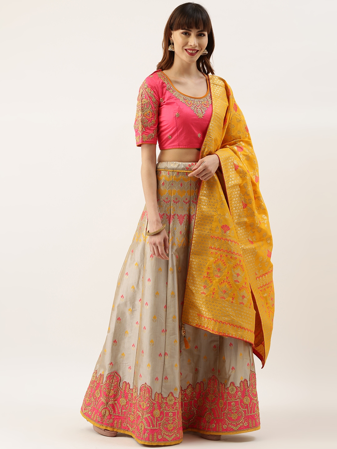 red and grey combination lehenga