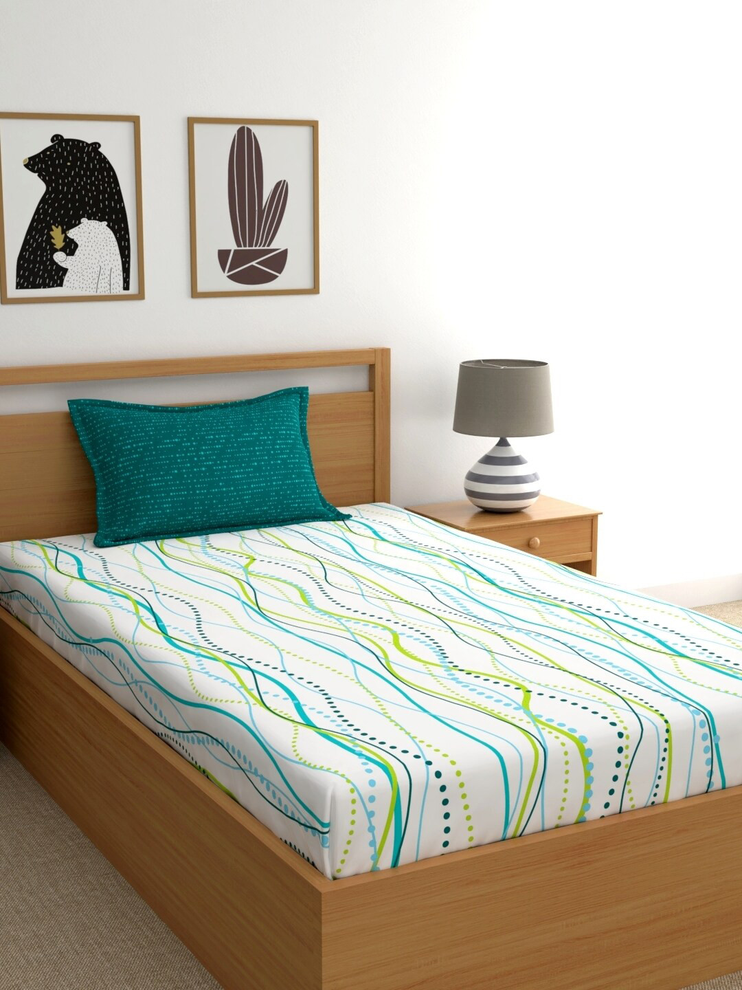 Buy Dreamscape White Green Striped 144 TC Cotton 1 Single Bedsheet With