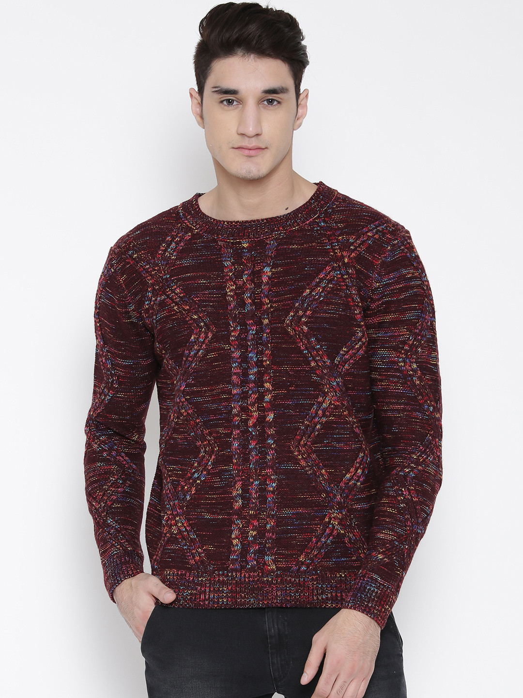Buy Kook N Keech Burgundy Patterned Sweater Sweaters for Men 1239423