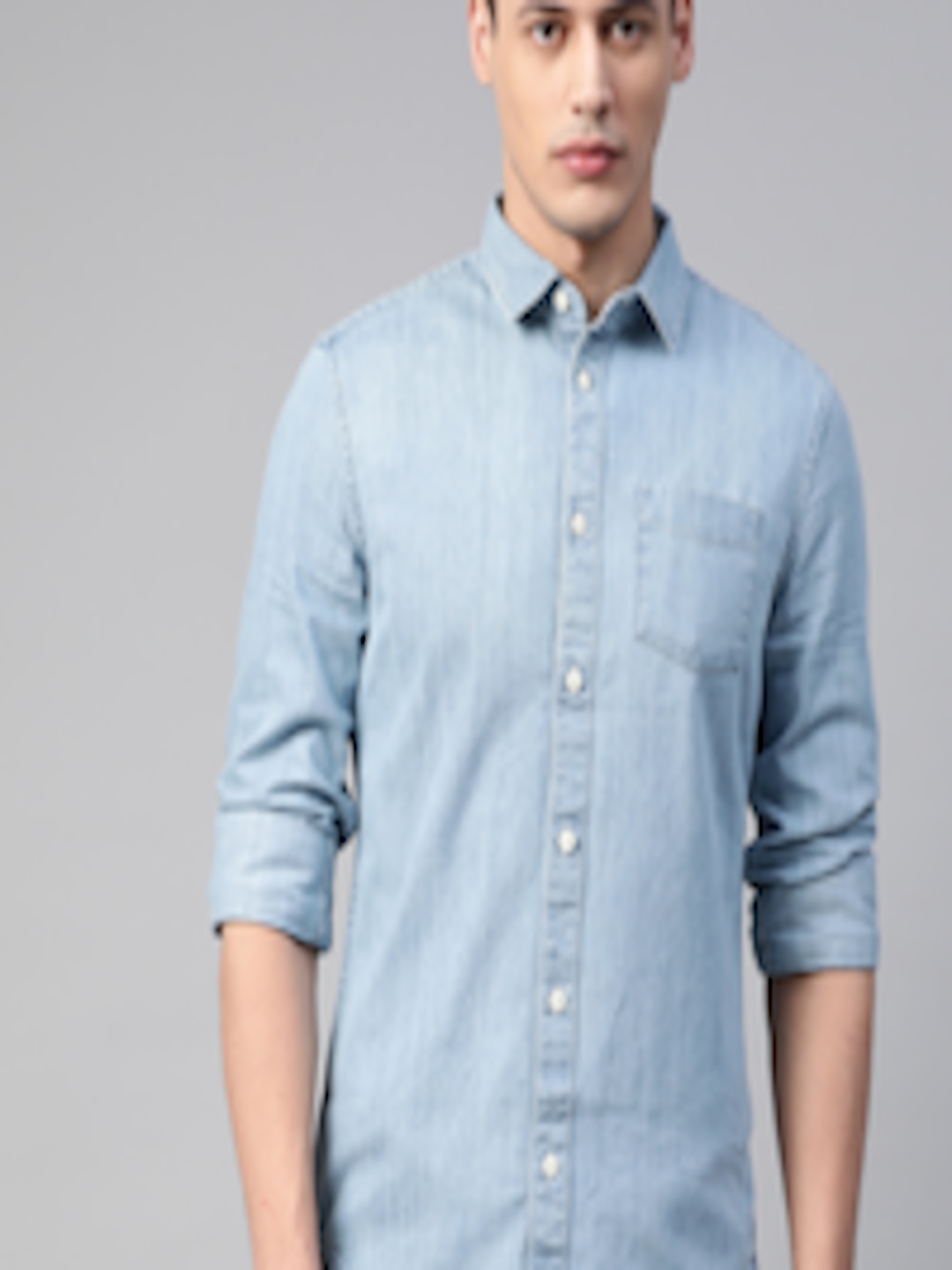 Buy Marks & Spencer Men Blue Regular Fit Faded Denim Casual Shirt ...
