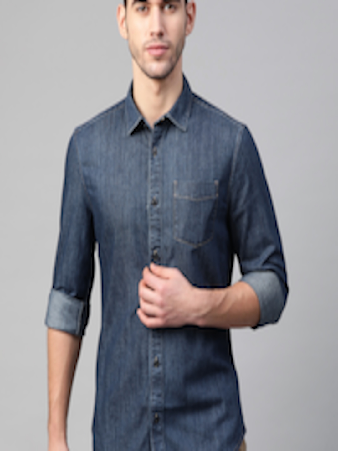 Buy Marks & Spencer Men Navy Blue Regular Fit Faded Denim Casual Shirt ...