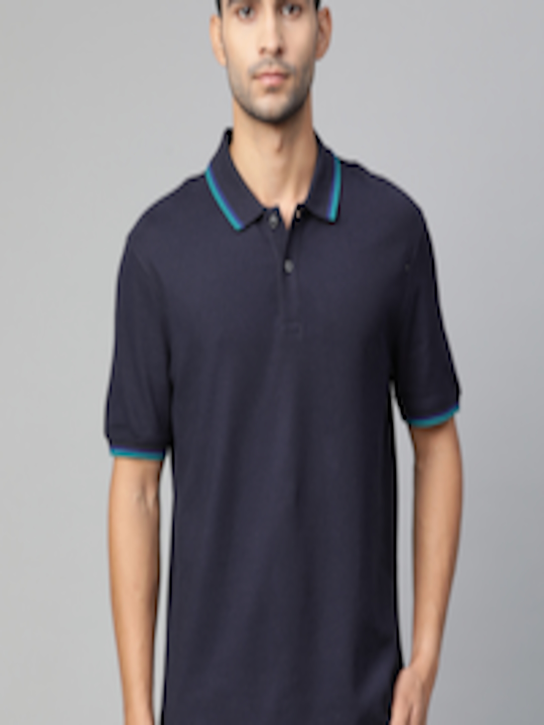 Buy Marks Spencer Men Navy Blue Solid Polo Collar Pure Cotton T Shirt ...