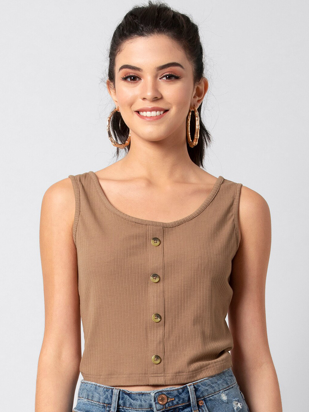 Buy FabAlley Women Beige Solid Tank Crop Top Tops for Women 12395468