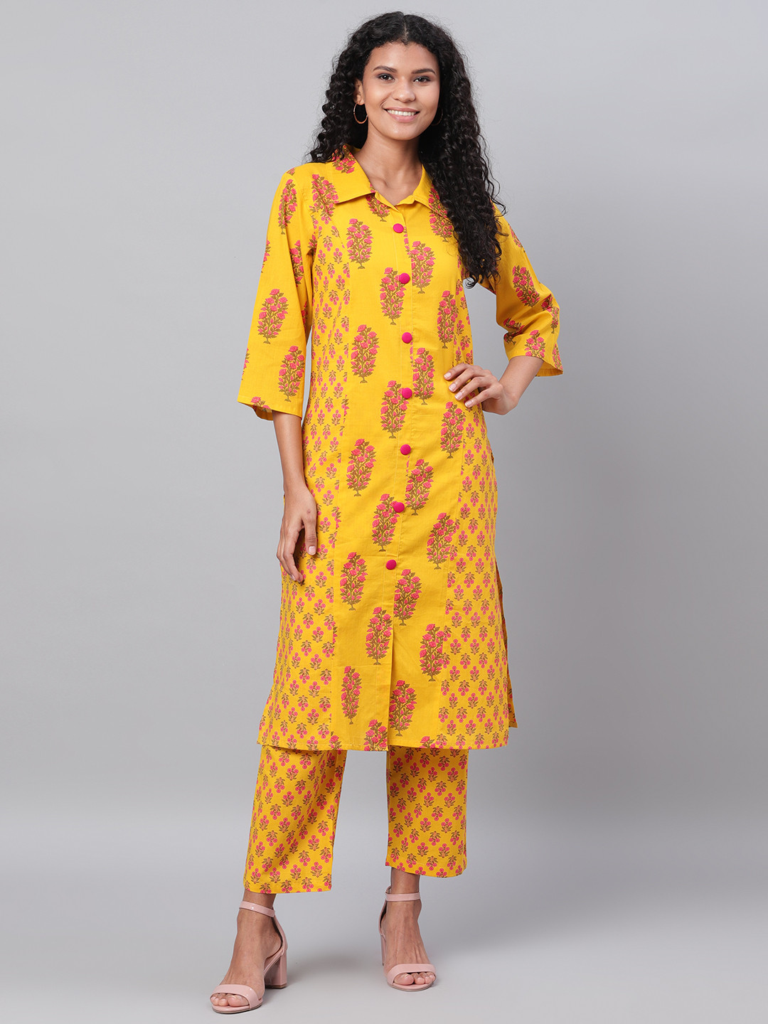 Women'S Mustard Yellow & Pink Printed Kurta With Palazzos