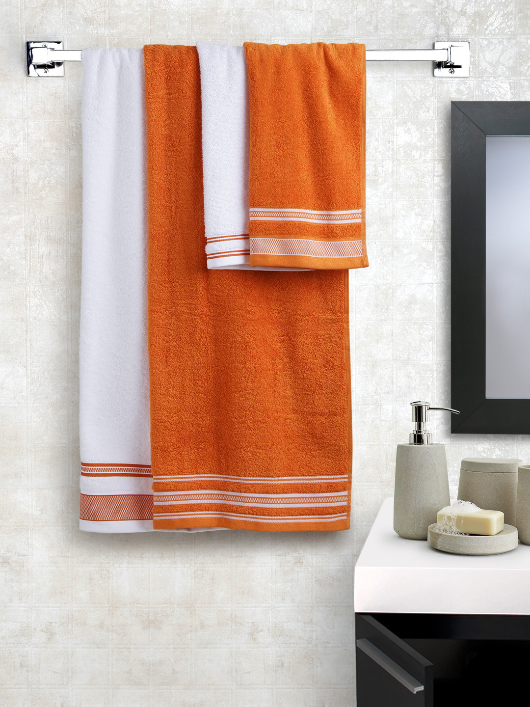 Buy SPACES White & Orange Cotton Set Of 4 Towels Towel Set for Unisex