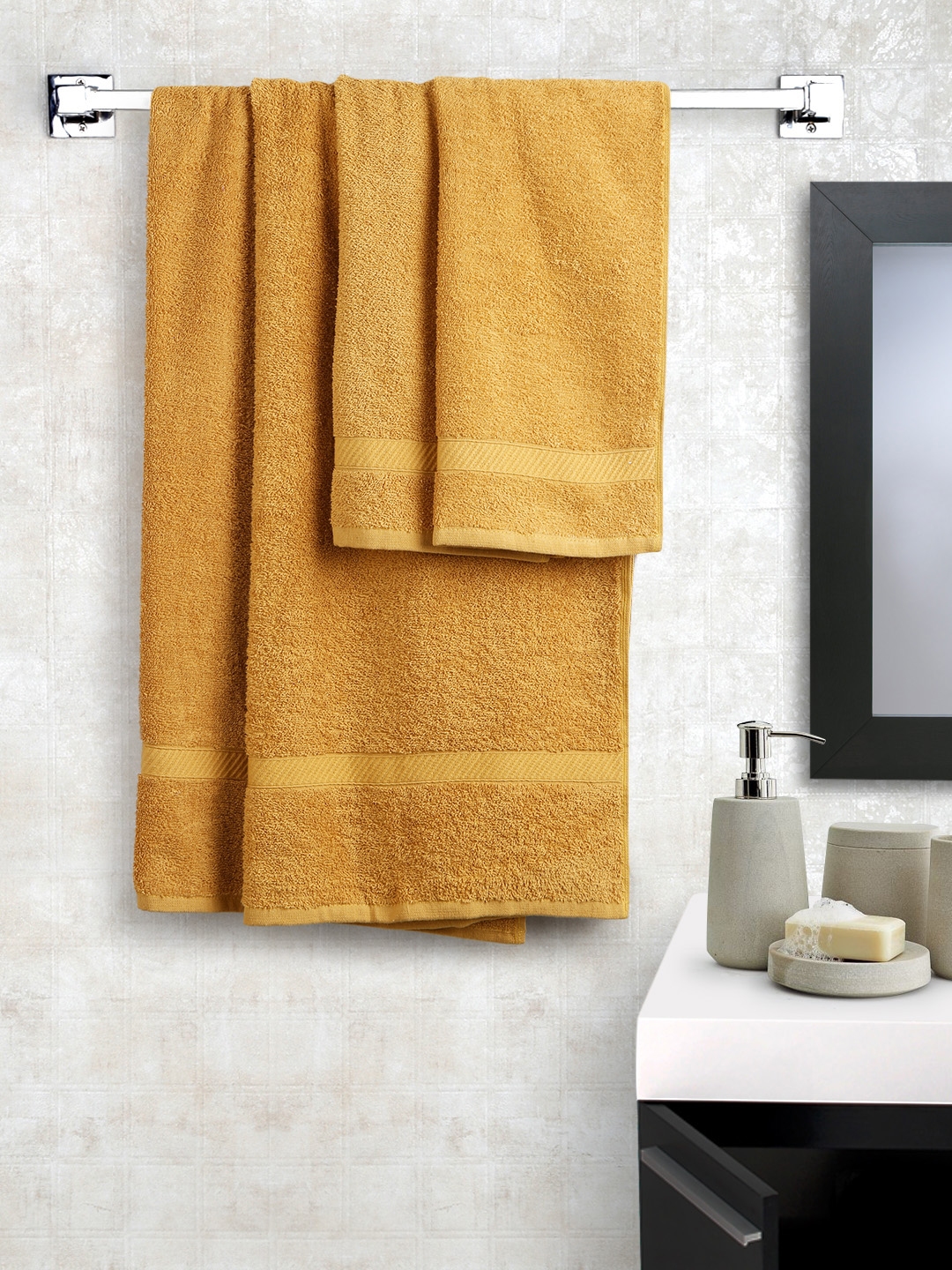 Buy WELHOME Mustard Yellow 100 Cotton Set Of 4 Towels Towel Set for