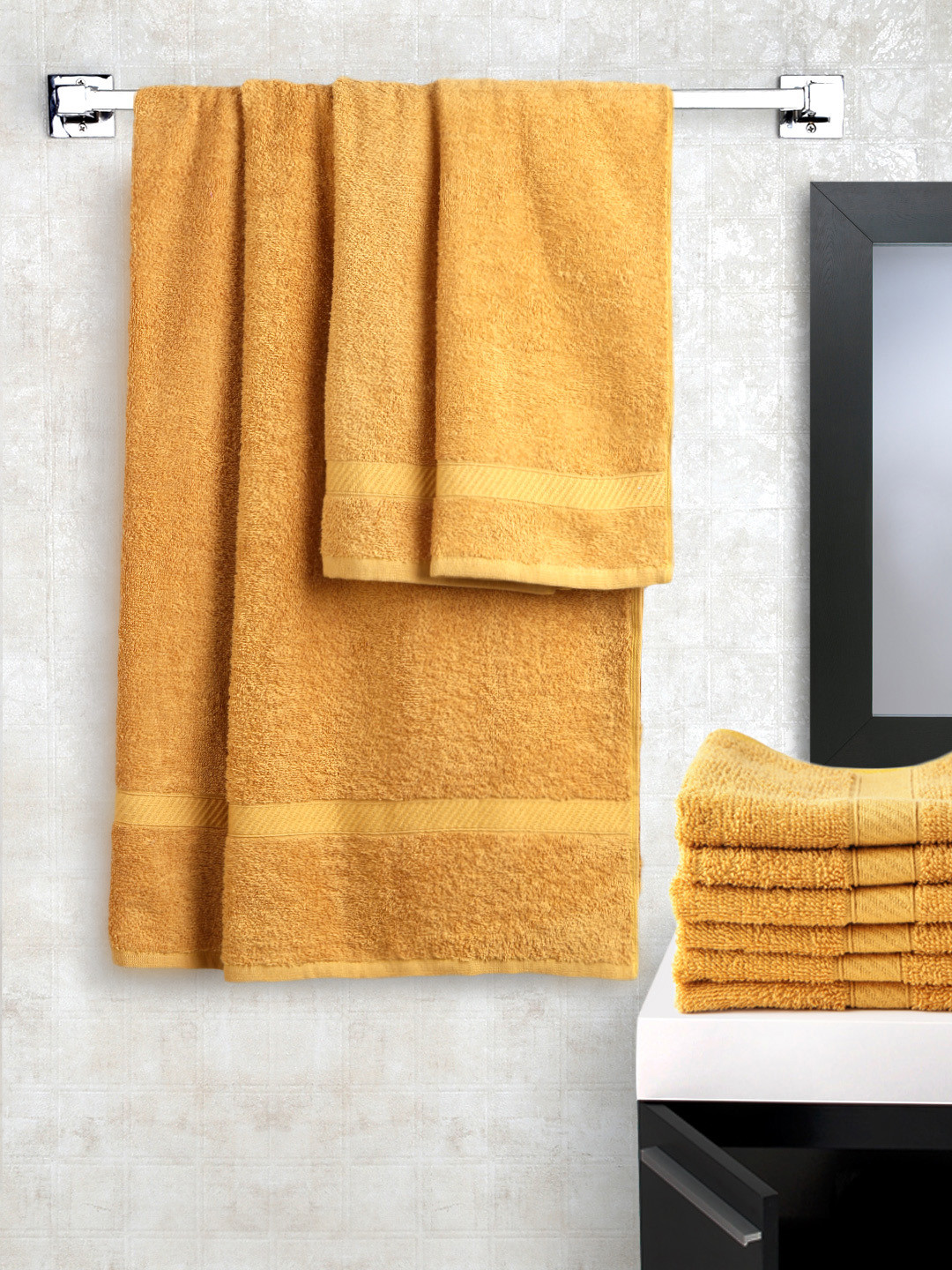 Buy WELHOME Mustard Yellow 100 Cotton Set Of 10 Towels Towel Set for