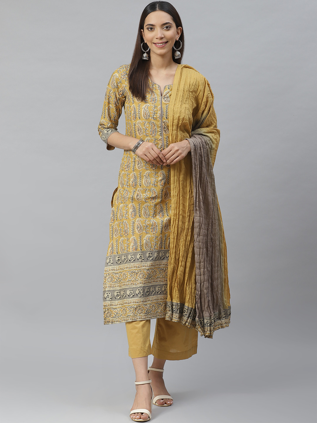 Buy Biba Women Mustard Yellow& Grey Paisley Print Kurta With Palazzos