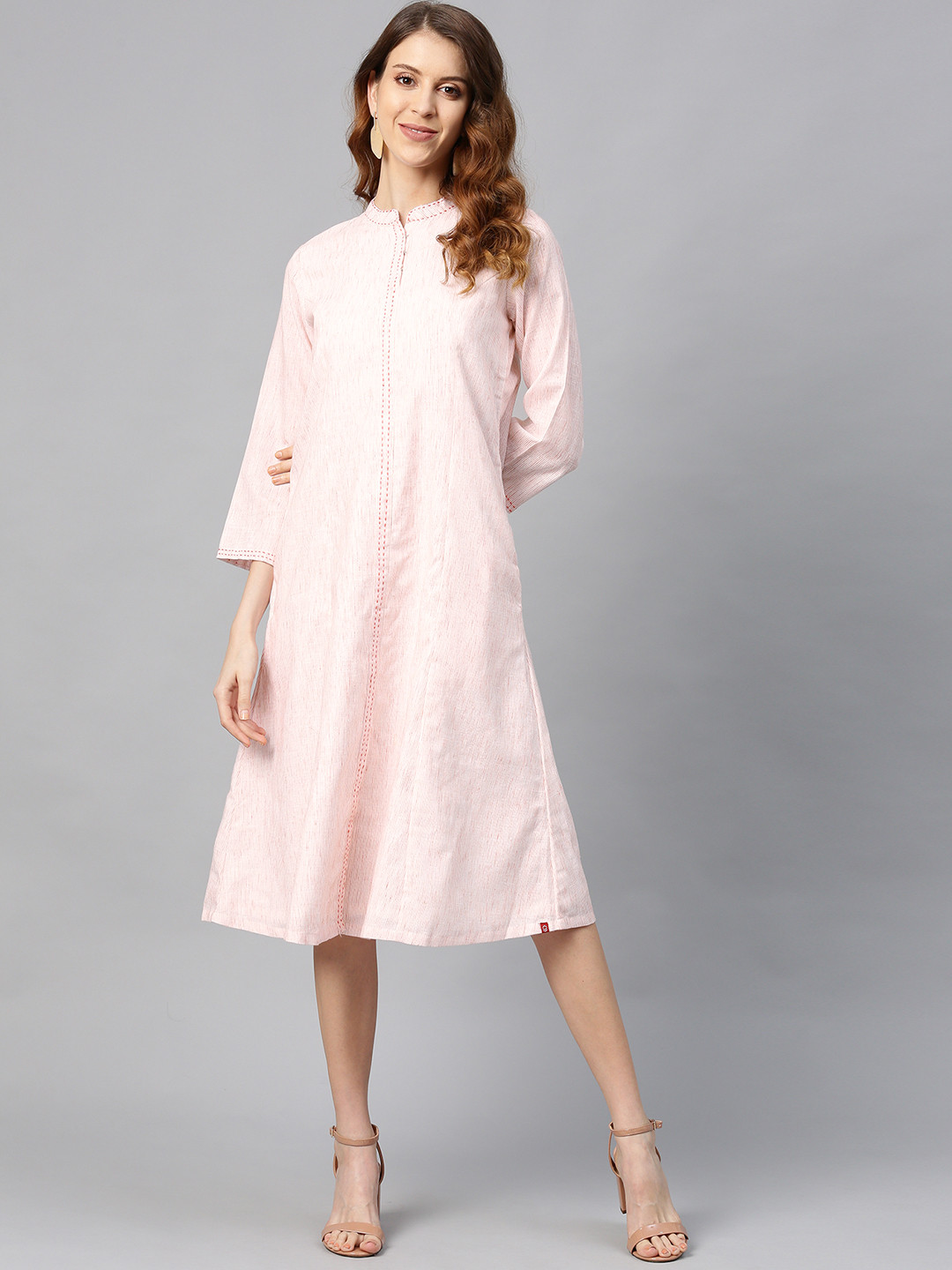 Women Off-White & Pink Printed A-Line Dress