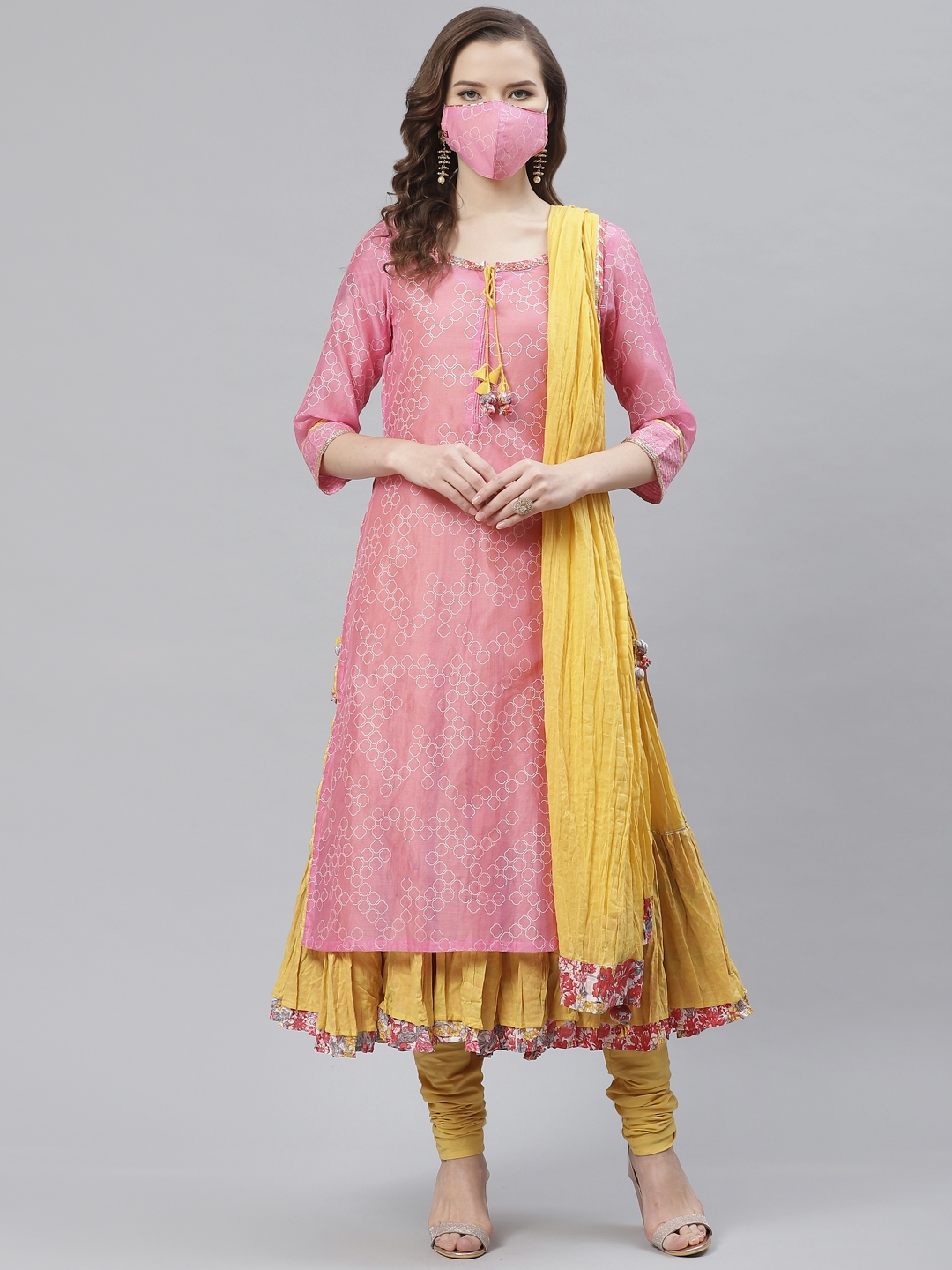 Buy Biba Women Pink Yellow Printed Layered Kurta With Churidar Dupatta ...