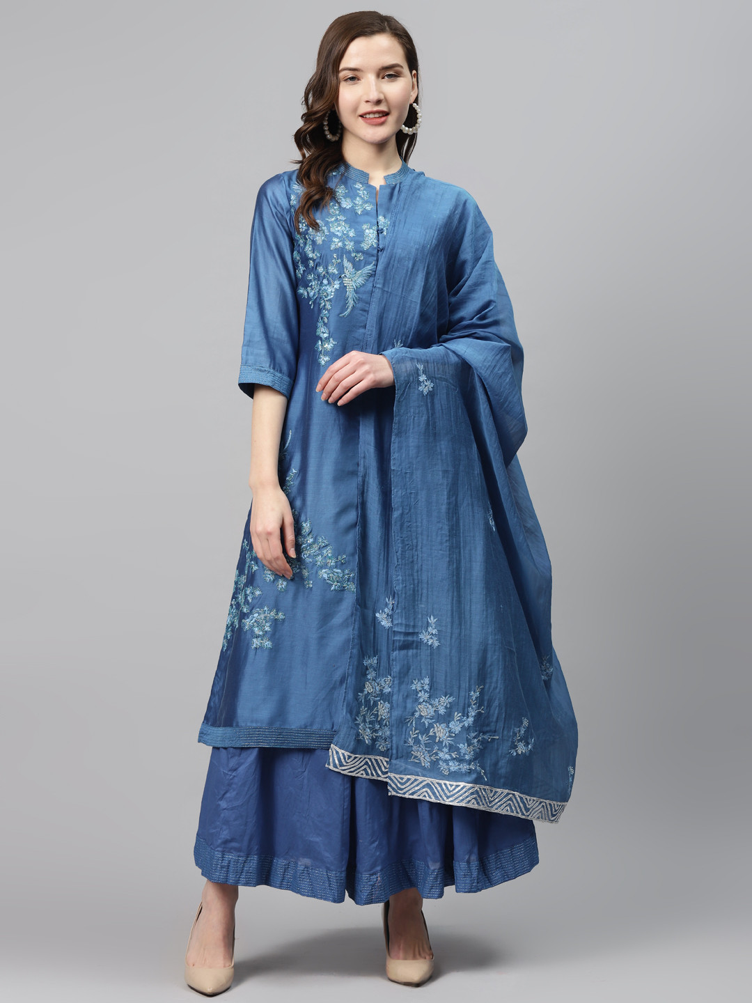 Buy Biba Women Blue Embroidered Kurta With Skirt & Dupatta Kurta Sets