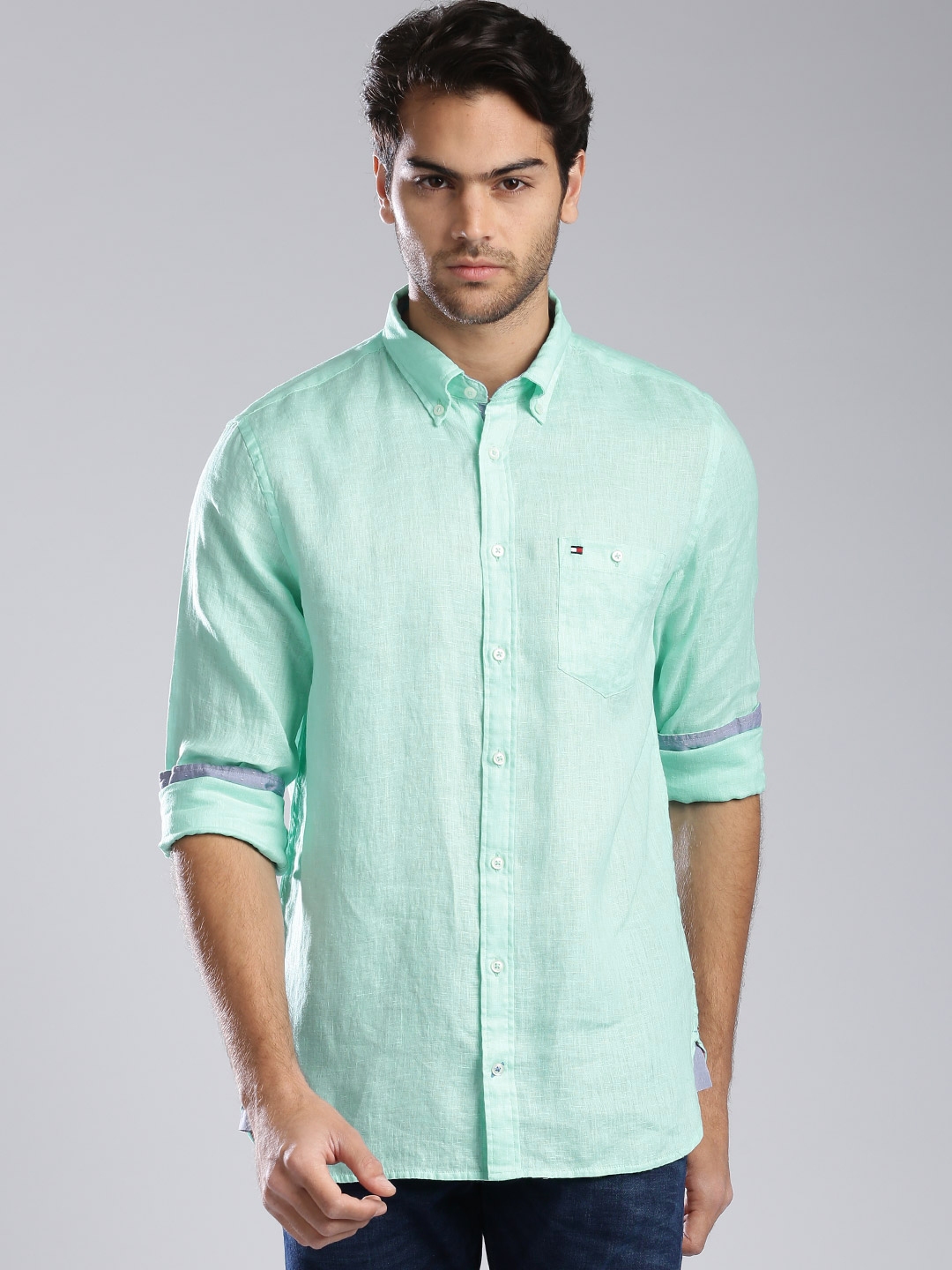 Buy Tommy Hilfiger Mint Green Linen Casual Shirt - Shirts for Men ...