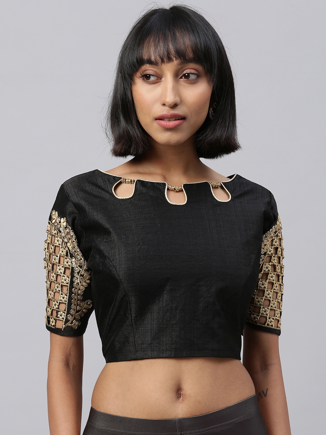 Buy Amrutam Fab Women Black & Gold Toned Embellished Silk Checked Saree ...